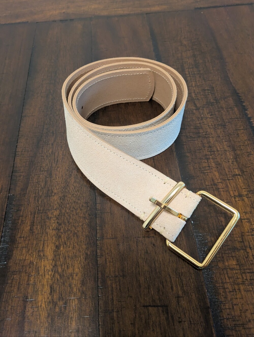 Anthropologie Wide Square Gold Buckle Suede Suede Leather Belt- Cream